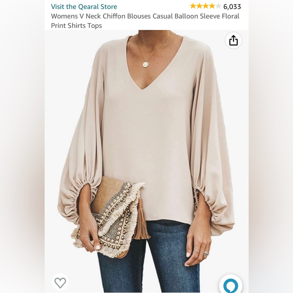Qearal Womens V Neck Chiffon Blouse Casual Balloon Sleeve